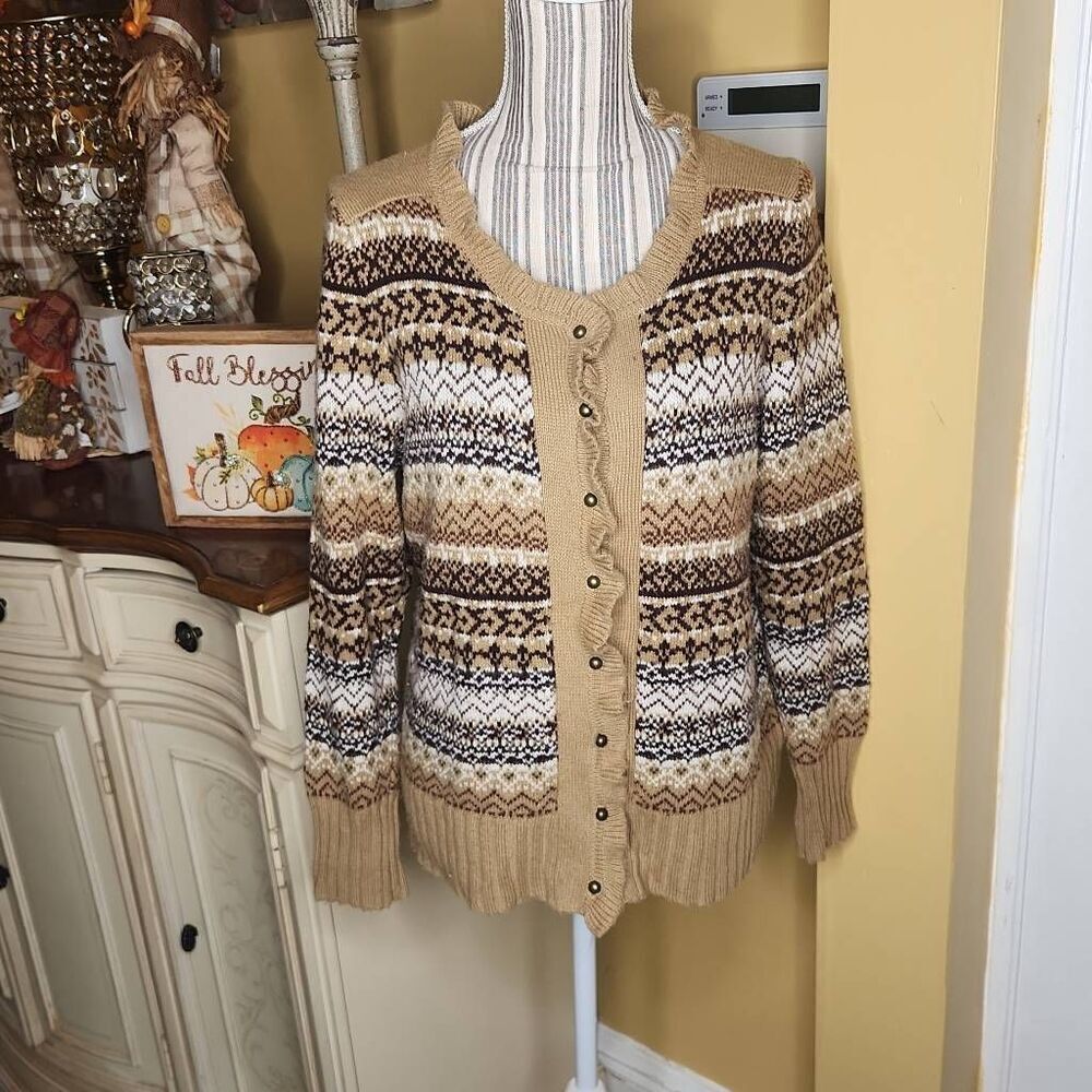 Vintage Architect brown and tan ruffle wool blend cardigan women's size M